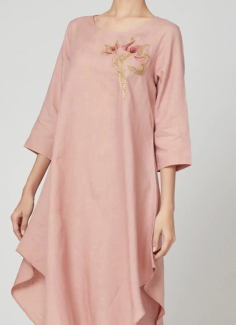 Light Pink Linen Kurta Straight Pant Set Work Wear 3 Light Pink Linen Kurta Straight Pant Set Work Wear