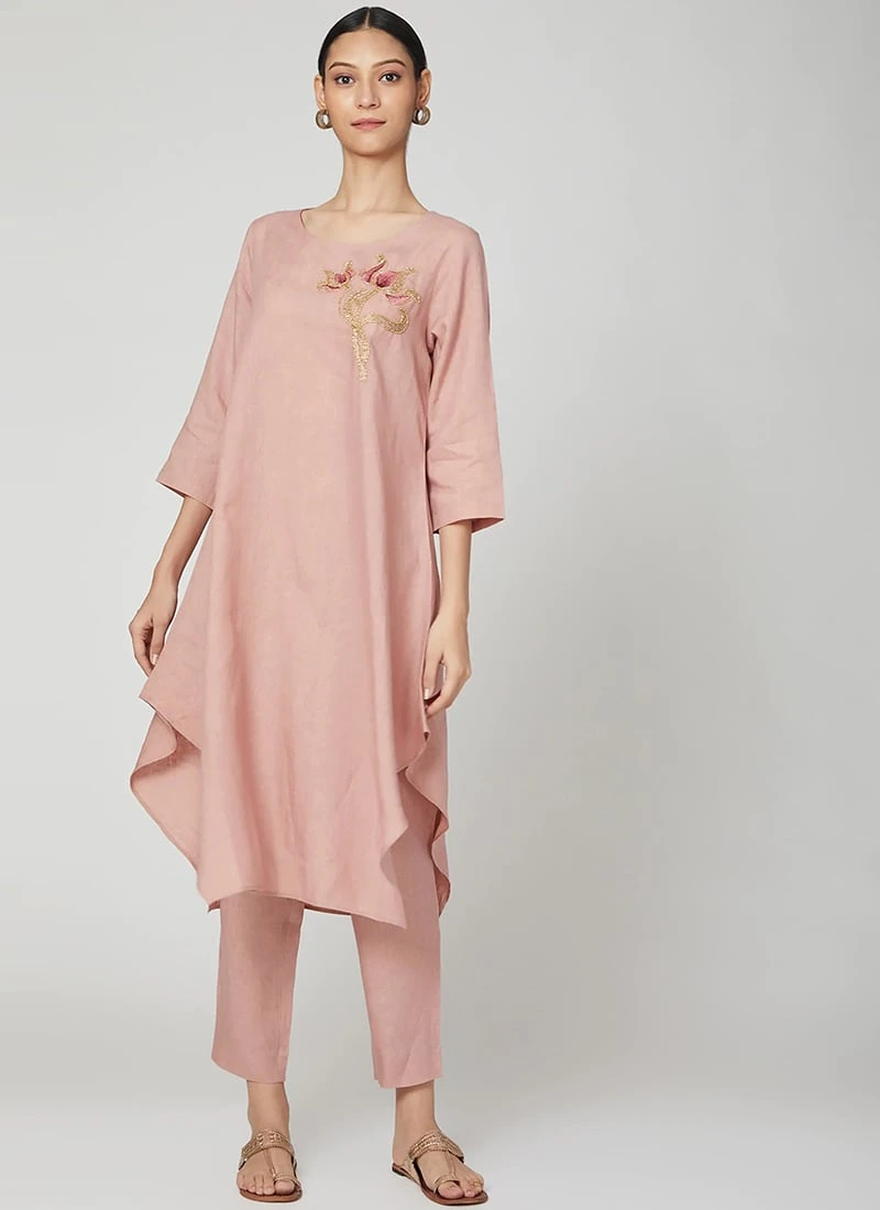 Light Pink Linen Kurta Straight Pant Set Work Wear 5 Light Pink Linen Kurta Straight Pant Set Work Wear - Image 3