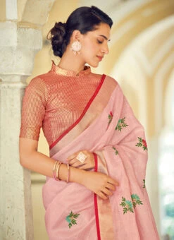 Light Pink Linen Zari Work Saree Festive Wear -ZariGrace Shop light pink linen zari work saree sassgsus1007 b