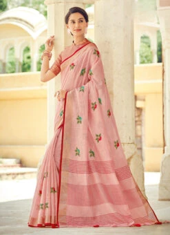 Light Pink Linen Zari Work Saree Festive Wear -ZariGrace Shop light pink linen zari work saree sassgsus1007 u