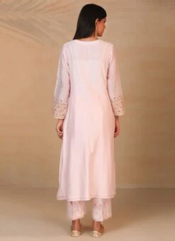 Light Pink Pure Chanderi Silk Embroidered Kurta Semi Palazzo Set Party Wear -ZariGrace Shop light pink pure chanderi silk embroidered kurta semi palazzo set krsdvcsvks38 b