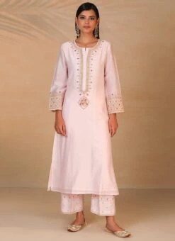 Light Pink Pure Chanderi Silk Embroidered Kurta Semi Palazzo Set Party Wear -ZariGrace Shop light pink pure chanderi silk embroidered kurta semi palazzo set krsdvcsvks38 u