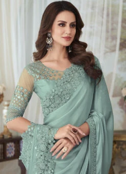 Light Turquoise Silk Embroidered Work Saree Party Wear -ZariGrace Shop light turquoise silk embroidered work saree sasli202527003d b