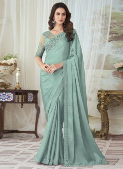 Light Turquoise Silk Embroidered Work Saree Party Wear -ZariGrace Shop light turquoise silk embroidered work saree sasli202527003d u