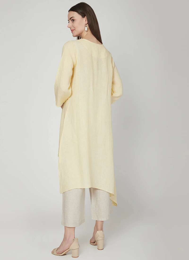 Light Yellow Linen Kurta Palazzo Set Work Wear 6 Light Yellow Linen Kurta Palazzo Set Work Wear - Image 4