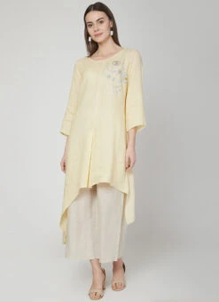 Light Yellow Linen Kurta Palazzo Set Work Wear 8 Light Yellow Linen Kurta Palazzo Set Work Wear -ZariGrace Shop light yellow linen kurta palazzo set krsdvcsvts30 u