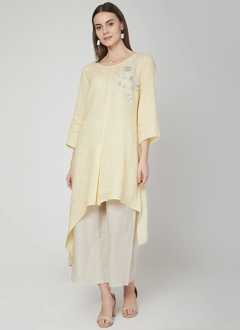 Light Yellow Linen Kurta Palazzo Set Work Wear 5 Light Yellow Linen Kurta Palazzo Set Work Wear - Image 3