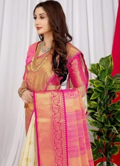 Lithci Silk Zari Weaving White Color Saree Festive Wear -ZariGrace Shop lithci silk zari weaving white color saree sasom110644 b