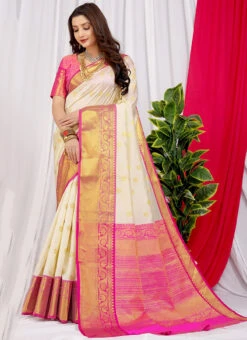 Lithci Silk Zari Weaving White Color Saree Festive Wear -ZariGrace Shop lithci silk zari weaving white color saree sasom110644 u