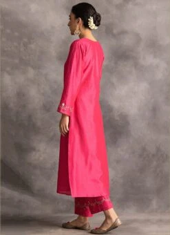 Magenta Pink Chanderi Silk Embroidered Straight Pant Suit Party Wear -ZariGrace Shop magenta pink chanderi silk embroidered straight pant suit krdvc20 b