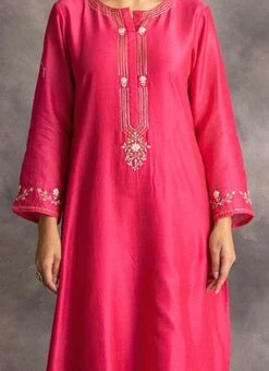 Magenta Pink Chanderi Silk Embroidered Straight Pant Suit Party Wear