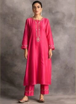 Magenta Pink Chanderi Silk Embroidered Straight Pant Suit Party Wear -ZariGrace Shop magenta pink chanderi silk embroidered straight pant suit krdvc20 u