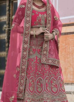 Magenta Pink Velvet Embroidered N Stones A Line Lehenga Wedding Wear