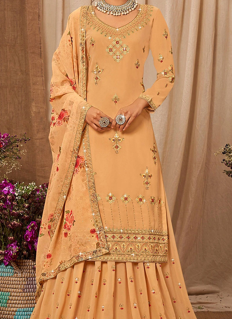 Mango Orange Faux Georgette Embroidered Digital Print A Line Lehenga Party Wear 3 Mango Orange Faux Georgette Embroidered Digital Print A Line Lehenga Party Wear