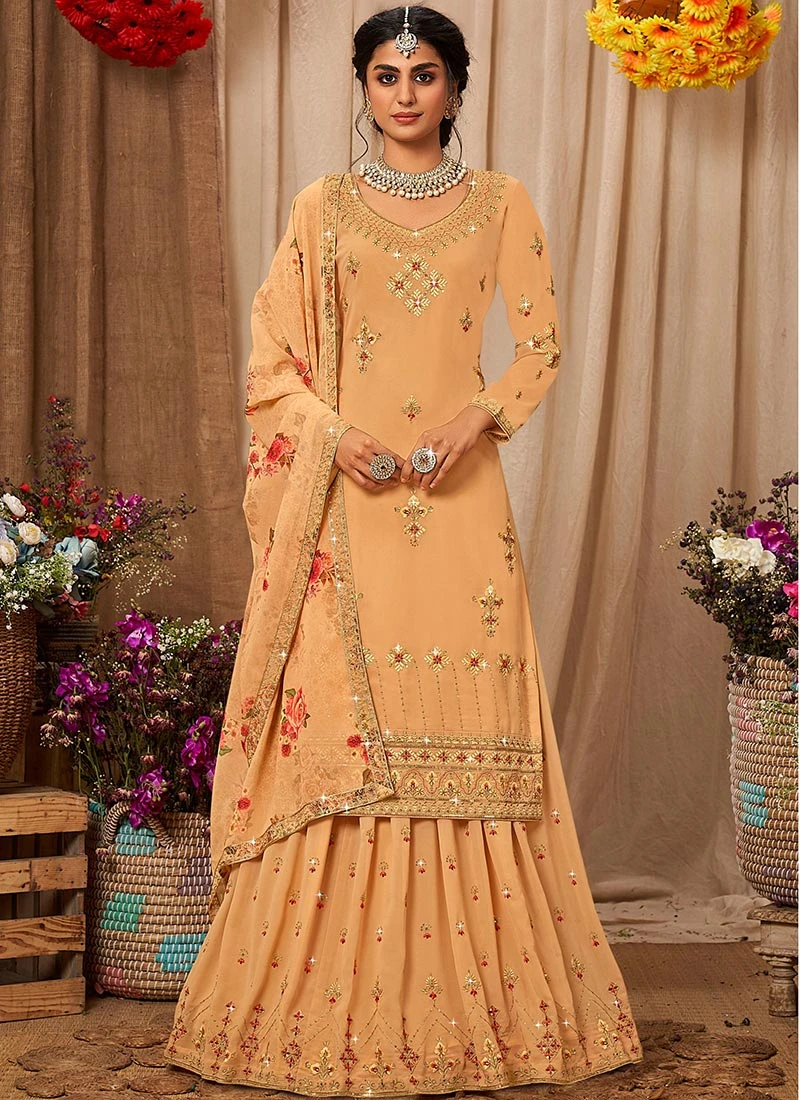 Mango Orange Faux Georgette Embroidered Digital Print A Line Lehenga Party Wear 5 Mango Orange Faux Georgette Embroidered Digital Print A Line Lehenga Party Wear - Image 3