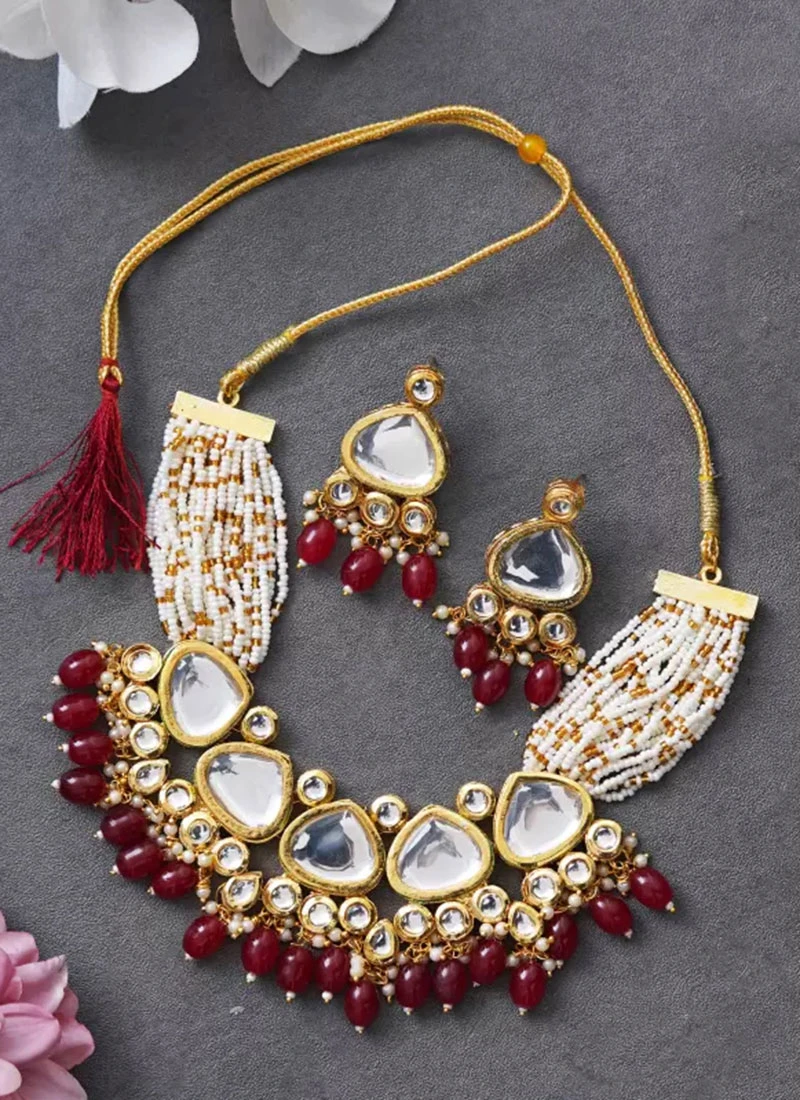 Maroon Alloy Kundan Necklace Party Wear 5 Maroon Alloy Kundan Necklace Party Wear - Image 3