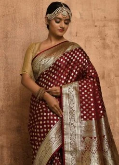 Maroon Banarasi Satin Zari Work Saree Festive Wear -ZariGrace Shop maroon banarasi satin zari work saree savns662b b