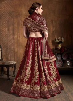 Maroon Benarasi Silk Embroidered Umbrella Lehenga Party Wear -ZariGrace Shop maroon benarasi silk embroidered umbrella lehenga ghsprf3660 b