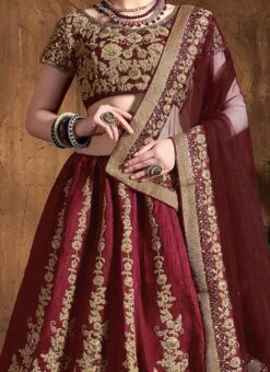 Maroon Benarasi Silk Embroidered Umbrella Lehenga Party Wear