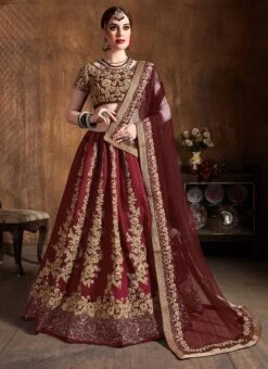 Maroon Benarasi Silk Embroidered Umbrella Lehenga Party Wear -ZariGrace Shop maroon benarasi silk embroidered umbrella lehenga ghsprf3660 u