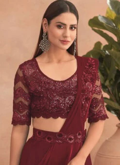 Maroon Chinon Silk Embroidered Ready Pleated Saree Party Wear -ZariGrace Shop maroon chinon silk embroidered ready pleated saree saska36307302f b