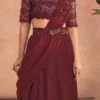 Maroon Chinon Silk Embroidered Ready Pleated Saree Party Wear