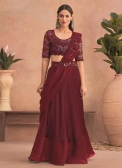 Maroon Chinon Silk Embroidered Ready Pleated Saree Party Wear -ZariGrace Shop maroon chinon silk embroidered ready pleated saree saska36307302f u