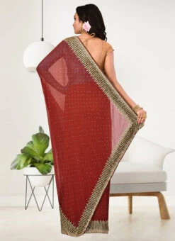 Maroon Faux Georgette Hand Work Sari Party Wear -ZariGrace Shop maroon faux georgette hand work sari sadsf7219 b