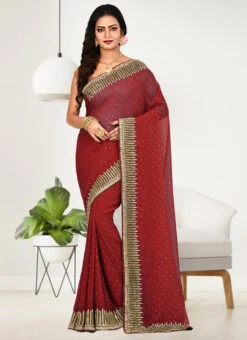 Maroon Faux Georgette Hand Work Sari Party Wear -ZariGrace Shop maroon faux georgette hand work sari sadsf7219 u