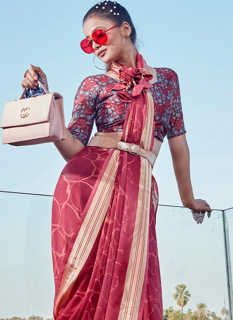 Maroon Faux Georgette Printed Sari After Six Wear 6 Maroon Faux Georgette Printed Sari After Six Wear - Image 4