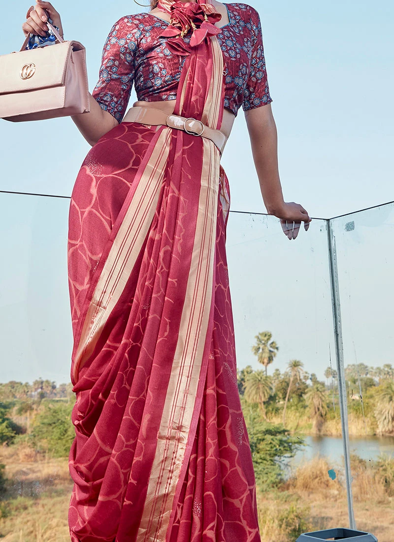 Maroon Faux Georgette Printed Sari After Six Wear 3 Maroon Faux Georgette Printed Sari After Six Wear