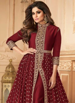 Shamita Shetty Maroon Georgette Embroidered Anarka Party Wear -ZariGrace Shop maroon georgette embroidered anarkali suit slscc22827152d b