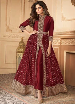Shamita Shetty Maroon Georgette Embroidered Anarka Party Wear -ZariGrace Shop maroon georgette embroidered anarkali suit slscc22827152d u