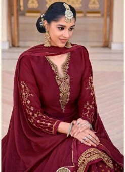 Maroon Jacquard Silk Foil Print Umbrella Lehenga Party Wear -ZariGrace Shop maroon jacquard silk foil print umbrella lehenga ghsak271322002 b