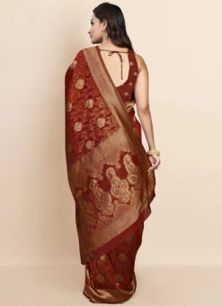 Maroon Linen Zari Sari Festive Wear -ZariGrace Shop maroon linen zari sari sasacw8754 b
