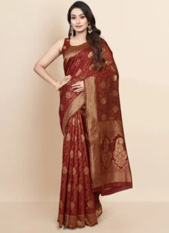 Maroon Linen Zari Sari Festive Wear -ZariGrace Shop maroon linen zari sari sasacw8754 u