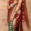 Maroon N Dark Green Banarasi Katan Silk Zari Weaving Half N Half Saree Festive Wear -ZariGrace Shop maroon n dark green benarasi katan zari weaving half n half saree savns670n l