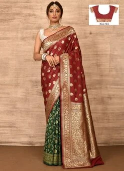 Maroon N Dark Green Banarasi Katan Silk Zari Weaving Half N Half Saree Festive Wear -ZariGrace Shop maroon n dark green benarasi katan zari weaving half n half saree savns670n u