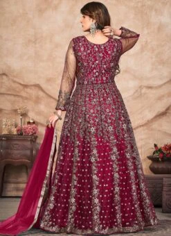 Maroon Net Embroidered Anarkali Suit Party Wear -ZariGrace Shop maroon net embroidered anarkali suit slsdc10194 b