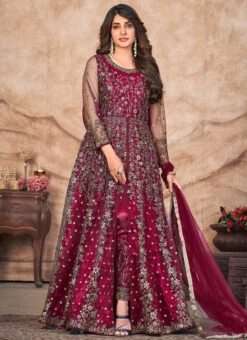 Maroon Net Embroidered Anarkali Suit Party Wear -ZariGrace Shop maroon net embroidered anarkali suit slsdc10194 u