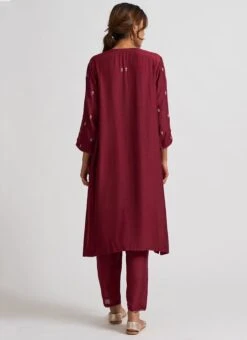 Maroon Pure Chanderi Silk Embroidered Kurta Semi Palazzo Set Party Wear -ZariGrace Shop maroon pure chanderi silk embroidered kurta semi palazzo set krsdvcsvks46 b