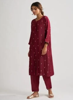 Maroon Pure Chanderi Silk Embroidered Kurta Semi Palazzo Set Party Wear -ZariGrace Shop maroon pure chanderi silk embroidered kurta semi palazzo set krsdvcsvks46 u