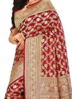 Maroon Pure Silk Benarasi Satan Saree Festive Wear