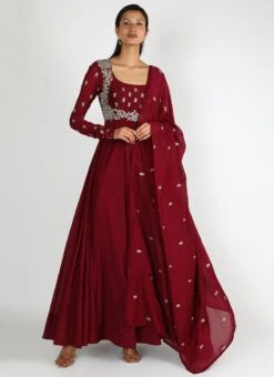 Maroon Pure Silk Zari N Sequins Work Anarkali Suit Party Wear -ZariGrace Shop maroon pure silk zari n sequins work anarkali suit sldvcsvak200 u