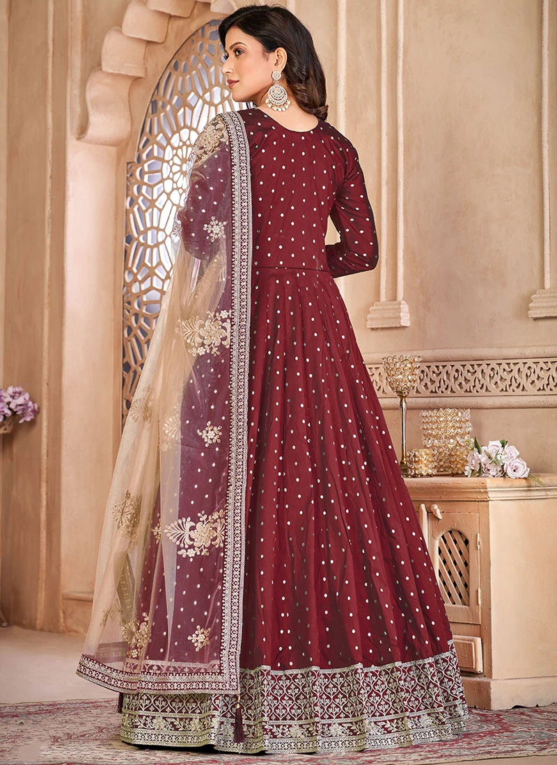 Maroon Taffeta Embroidered Stones Anarkali Suit Party Wear 6 Maroon Taffeta Embroidered Stones Anarkali Suit Party Wear - Image 4