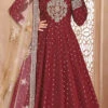 Maroon Taffeta Embroidered Stones Anarkali Suit Party Wear -ZariGrace Shop maroon taffeta embroidered stones anarkali suit slsdc6604 l