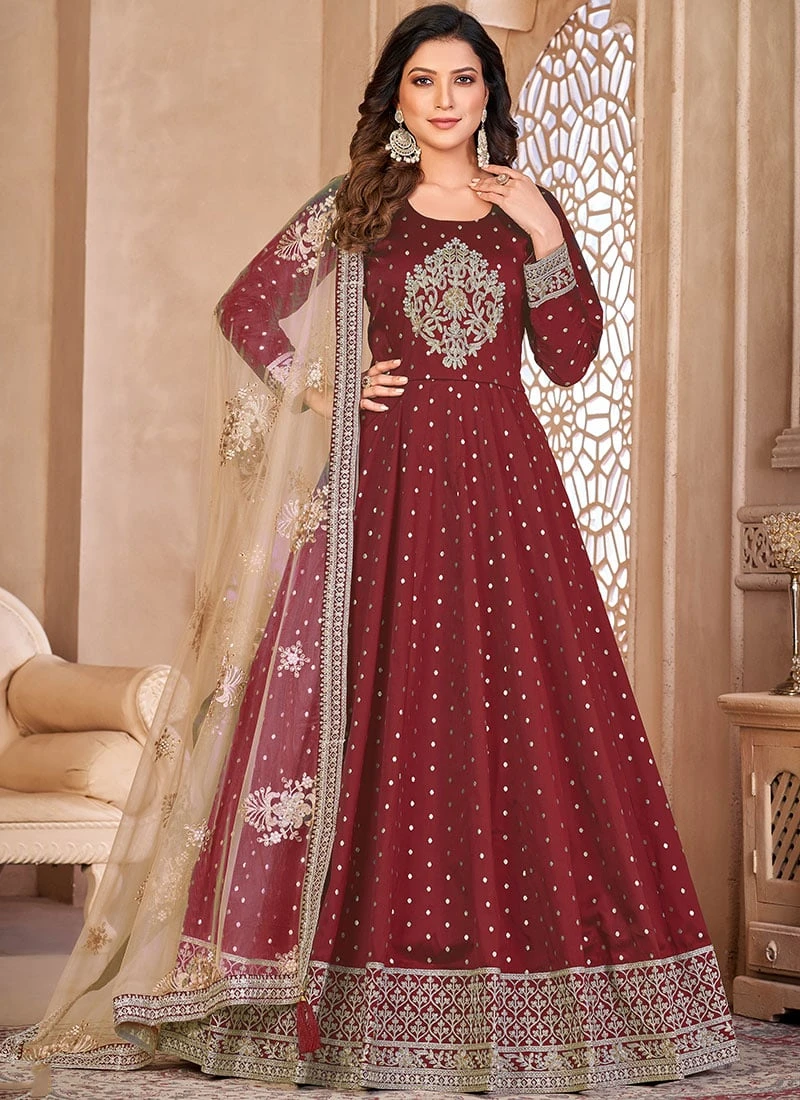 Maroon Taffeta Embroidered Stones Anarkali Suit Party Wear 5 Maroon Taffeta Embroidered Stones Anarkali Suit Party Wear - Image 3