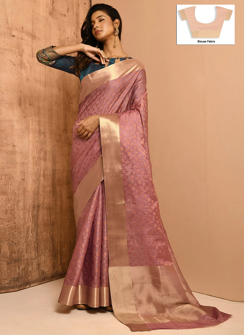 Mauve Pure Tussar Silk Zari Work Saree Festive Wear 5 Mauve Pure Tussar Silk Zari Work Saree Festive Wear - Image 3