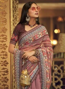 Mauve Georgette Printed Work Half N Half Saree Party Wear -ZariGrace Shop mauve georgette printed work half n half saree sasak352629001 b