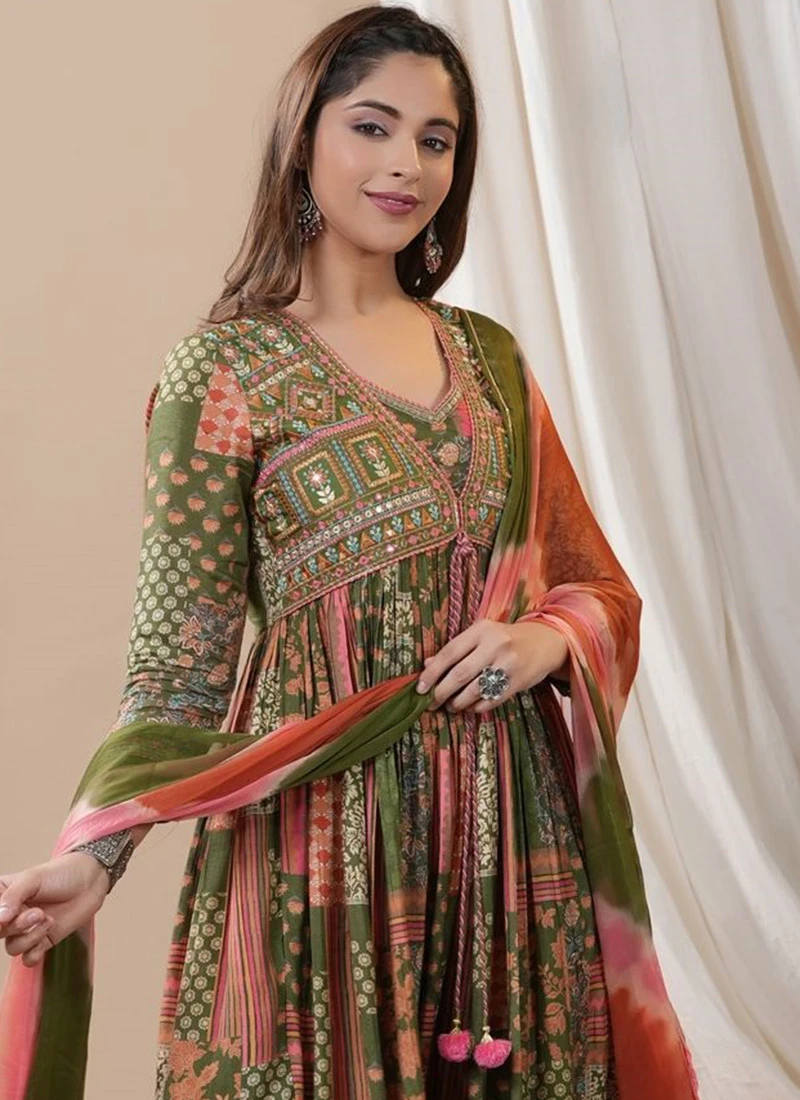 Mehendi Green Muslin Digital Print Anarkali Suit After Six Wear 6 Mehendi Green Muslin Digital Print Anarkali Suit After Six Wear - Image 4